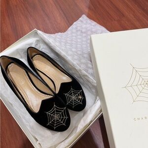 Charlotte Olympia Charming Black Velvet loafer with Web Design